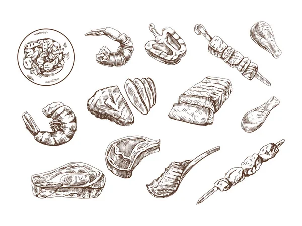 Ensemble Croquis Dessinés Main Différents Types Viande Steaks Crevettes Poulet — Image vectorielle