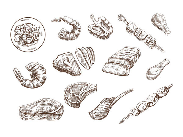 A set of hand-drawn sketches of different types of meat, steaks, shrimp, chicken, grilled vegetables, barbecue. Doodle vintage illustration. Engraved image.