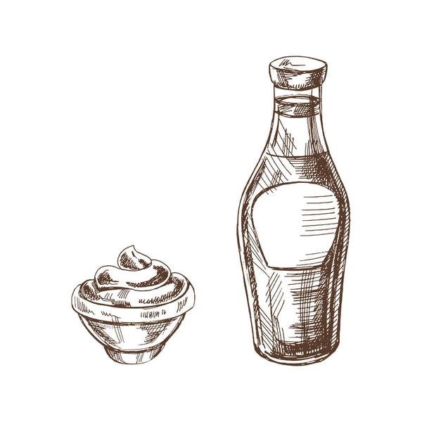 Set Hand Drawn Sketches Ketchup Sauce Glass Jar Bowl Design — Stock Vector