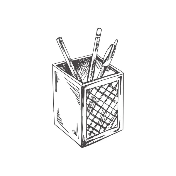 Vector Escola Desenhada Mão Ferramentas Escritório Ilustração Caixa Plástico Estilo — Vetor de Stock