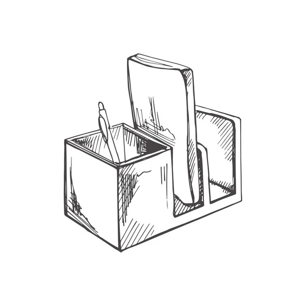 Herramientas Escolares Oficina Dibujadas Mano Vectoriales Ilustración Detallada Caja Plástico — Archivo Imágenes Vectoriales