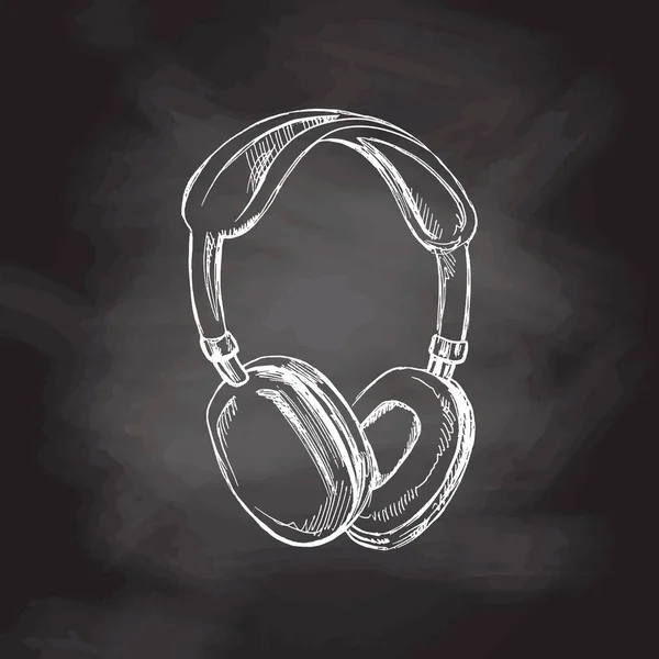 Vektör el yapımı okul ve ofis malzemeleri. Ayrıntılı retro tarzı kulaklık karatahta arka planında. Klasik eskiz öğesi. Okula geri dön. Okulun temel illüstrasyonu. Masaüstü.