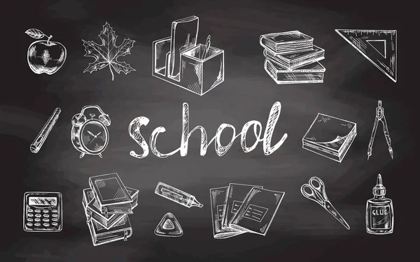 Back School Hand Drawn School Supplies Big Sketch Set Chalkboard — Stock Vector