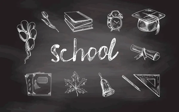 Terug Naar School Met Hand Getrokken Schoolbenodigdheden Grote Schets Schoolbord — Stockvector