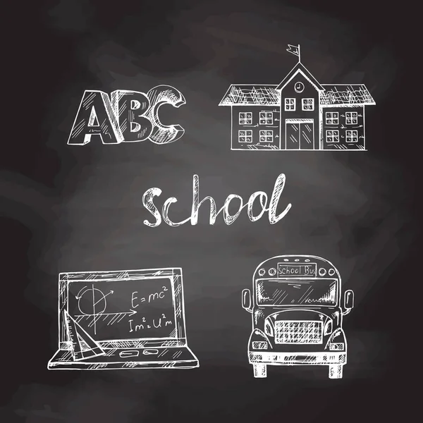 回到学校 手绘学校素描集 涂鸦字母和学校对象收集在黑板背景 教育概念 回学校去 — 图库矢量图片
