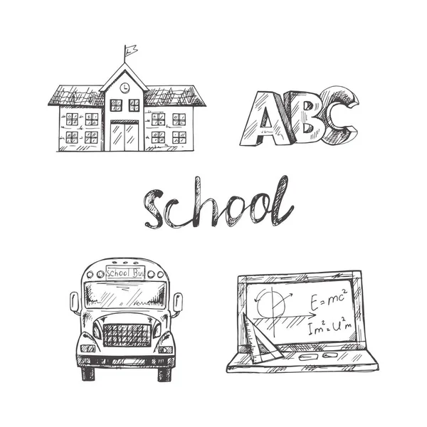 回到学校 手绘学校素描集 涂鸦字母和学校对象收集 教育概念 古旧素描元素 矢量图解 回学校去 — 图库矢量图片