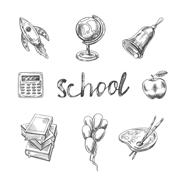 Volta Escola Esboço Escola Desenhado Mão Letras Rabiscos Coleção Objetos — Vetor de Stock