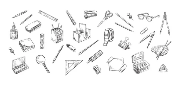 Zpátky Školy Ručně Kreslené Školní Potřeby Velký Skicák Kolekce Objektů — Stockový vektor