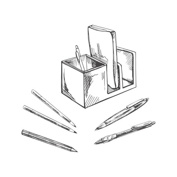 Herramientas Escolares Oficina Dibujadas Mano Vectoriales Juego Ilustraciones Caja Plástico — Archivo Imágenes Vectoriales