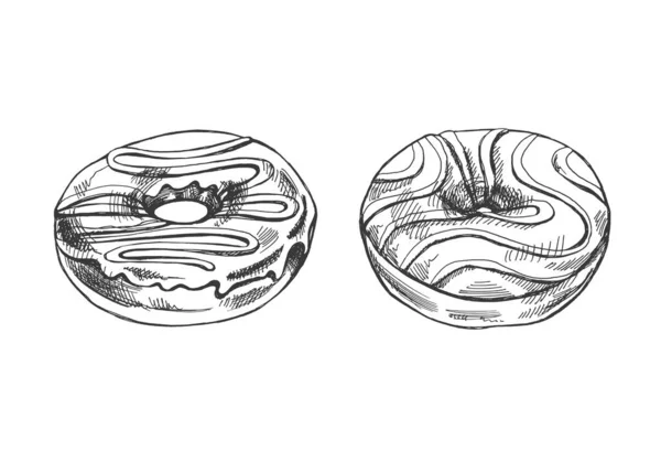 一套甜甜圈的手绘草图 古董画 糕点糖果 包装和明信片的设计要素 — 图库矢量图片