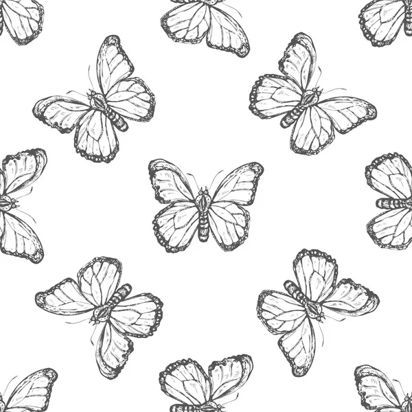 Handgezeichnetes Nahtloses Schmetterlingsmuster Einfarbige Insekten Kritzeln Schwarz Weiße Vintage Elemente — Stockvektor