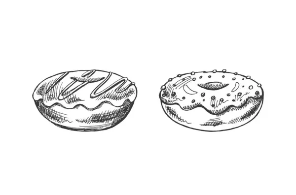 Esboço Desenhado Mão Conjunto Donuts Vista Superior Ilustração Vintage Doces —  Vetores de Stock