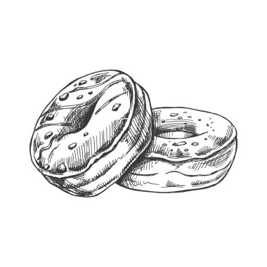 Elle çizilmiş donut çizimi. Klasik illüstrasyon. Hamur tatlısı, tatlı. Etiket, ambalaj ve kartpostalların tasarımı için elementName.