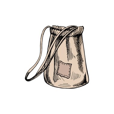 Elle çizilmiş eko çanta çizimi. Ekolojik konsept, doğa koruma, tekstil keten çanta. Renkli karalama çizimi. Klasik illüstrasyon.