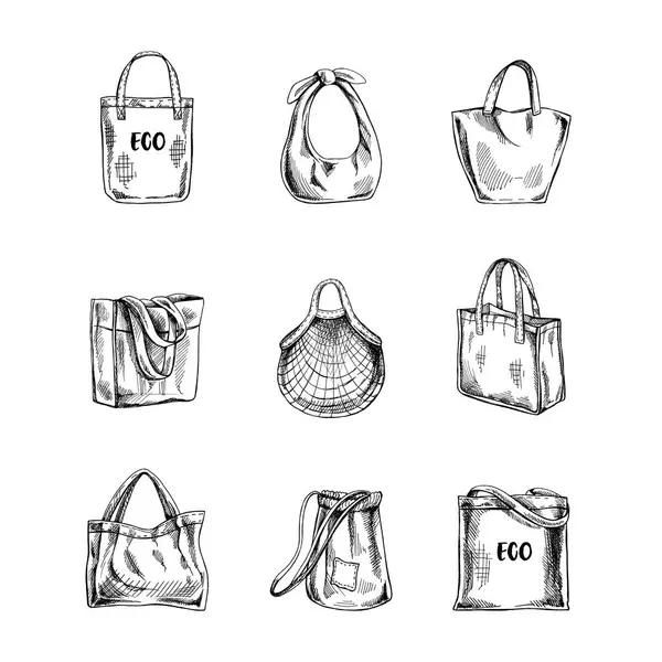 Hand Drawn Set Sketches Eco Bags Ecological Concept Nature Protection — Stock Vector