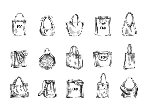エコバッグの手描きのスケッチセット 生態学的な概念 自然保護 織物のリネン袋 ドードル図面 ヴィンテージイラスト — ストックベクタ
