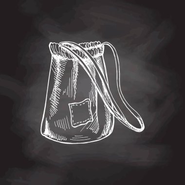 Elle çizilmiş karatahta arka planında eko çanta çizimi. Ekolojik konsept, doğa koruma, tekstil keten çanta. Karalama çizimi. Klasik illüstrasyon.
