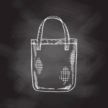 Elle çizilmiş karatahta arka planında eko çanta çizimi. Ekolojik konsept, doğa koruma, tekstil keten çanta. Karalama çizimi. Klasik illüstrasyon.