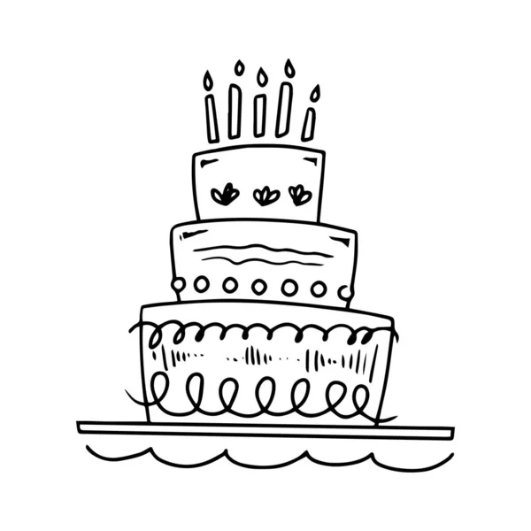 Big Cake Candles Doodle Style White Background Festive Concept Hand — Stockový vektor