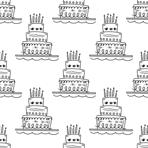 Безшовний Візерунок Стилі Doodle Великого Торта Свічками Святкова Концепція Ручний — стоковий вектор