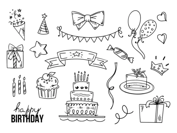 Doğum Günü Karalama Seti Çizimi Mutlu Yıllar Taslağı Mumlu Pasta — Stok Vektör