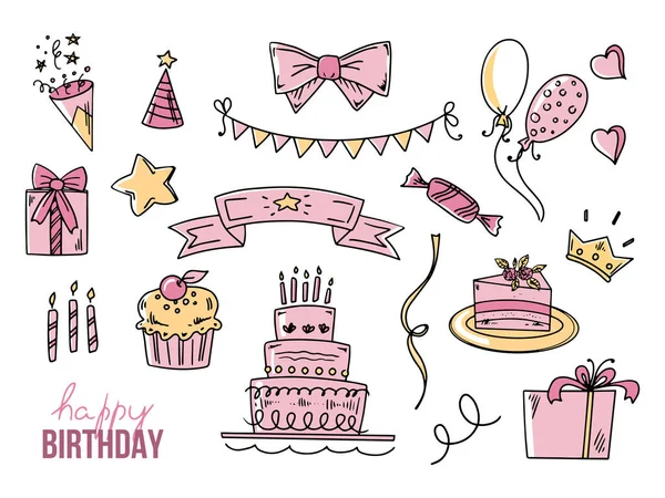 Doğum günü karalama seti. Elle çizilmiş Mutlu Yıllar renkli çizimler. Mumlu pasta, parti şapkası, çelenk, balon, yıldız, şapka, yay, kalp, şeker, kek, hediye kutusu, taç, kestane fişeği, mutlu yıllar..