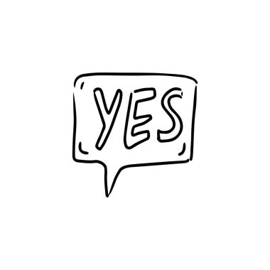 Basit çizim çizimi biçimi ögesi. Evet, konuşma şekli ile ilgili bir mesaj. Doodle Konuşma Baloncuğu ikonu. Vektör çizimi. Etiket, işaret, sembol, simge, sohbet için tasarım ögesi. 