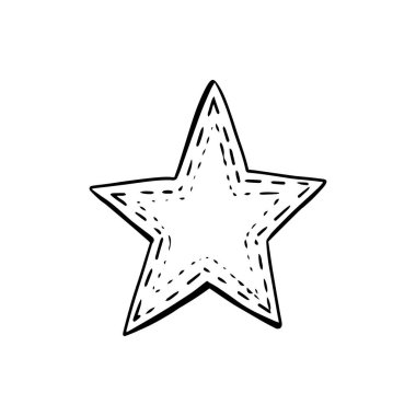 Beyaz arka planda karalama tarzında bir yıldız. Şenlik konsepti. El çizimi vektör çizimi simgesi. Siyah renk.