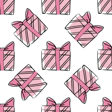 Doodle tarzı hediye kutusu kusursuz desen. Şenlik konsepti. El çizimi renk vektörü taslağı.