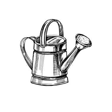 hand-drawn sketch of watering can. Vector illustration. Doodle gardening element. Ecology. 	