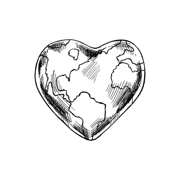 Hand Drawn Planet Earth Sketch Heart Shape Nature Ecology Vector — Wektor stockowy