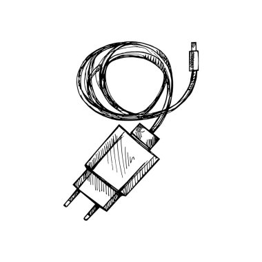 Hand-drawn sketch of electric plug, micro usb  charger for smartphone close-up with a wire. Doodle. Hand drawn vector illustration.	