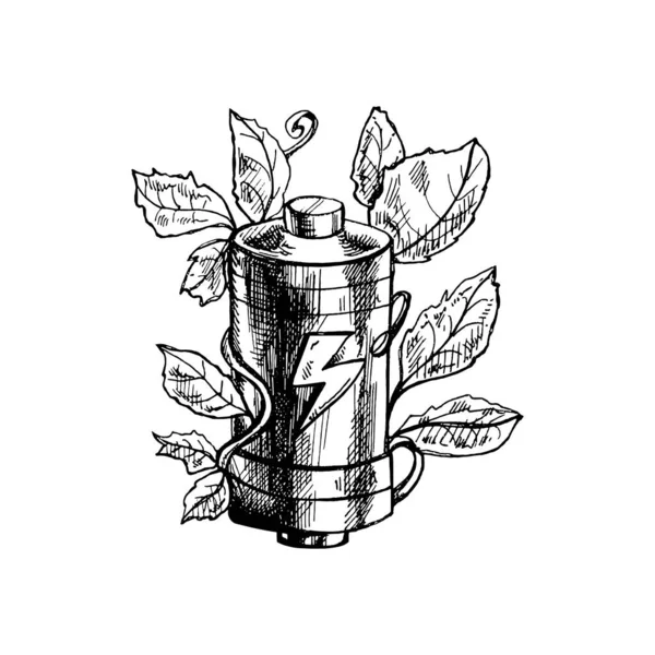 Мальований Вручну Ескіз Листя Проростає Батареї Енергія Заснована Концепції Екології — стоковий вектор