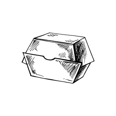 El çizimi karton yemek paketinin taslağı. Kahvaltı veya atıştırmalık illüstrasyon için gerçekçi izole paketler. Vektör çizimi. Eko kavramı.