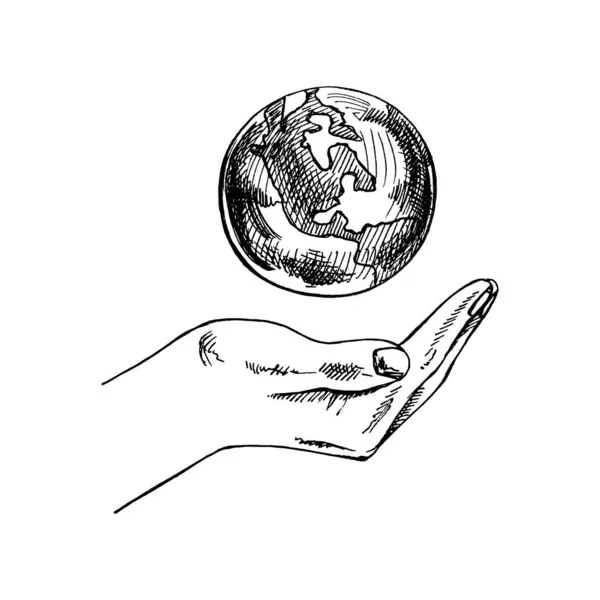 手で描かれた地球のスケッチ 世界を手に持つ ハンドグローバルでグローバルなサポートコンセプトを展開するキャリーアース ドードルベクトルイラスト ヴィンテージ — ストックベクタ