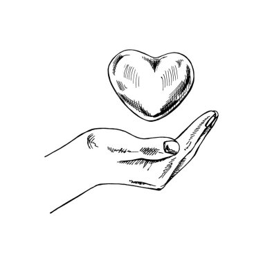 Elle çizilmiş siyah beyaz bir kalp çizimi. Boş elle. Çevre, ekoloji, doğayı kurtarma. Doodle vektör çizimi. Eski.