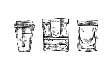 El çizimi eskiz koleksiyonu. Yemek paketi, kağıt fermuar paketi, paket servis kupası. Kahvaltı veya atıştırmalık illüstrasyon için gerçekçi izole paketler. Vektör çizimi. Eko kavramı.