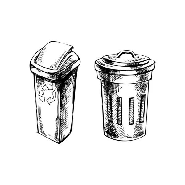 Monochrome Hand Drawn Sketches Plastic Metal Trash Containers Segregate Waste — Stock Vector