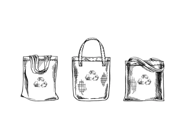 手绘一套带有回收符号的生态购物袋草图 生态理念 自然保护 纺织品麻袋 涂鸦图Doodle Drawing 复古插图 — 图库矢量图片