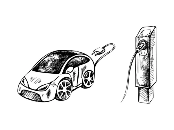 电动车和充电器的手绘黑白草图 现实的电动移动式充电站 替代燃料 数字矢量图解 — 图库矢量图片
