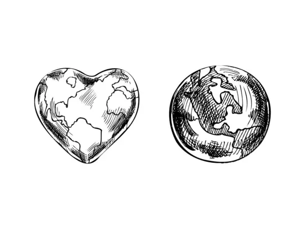 Ручная Коллекция Эскизов Планеты Земля Земли Форме Сердца Векторная Иллюстрация — стоковый вектор
