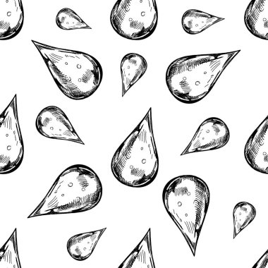 Elle çizilmiş su damlasının kusursuz deseni. Eko konsepti. Çizim tarzında siyah-beyaz çizim. Klasik, karalama.