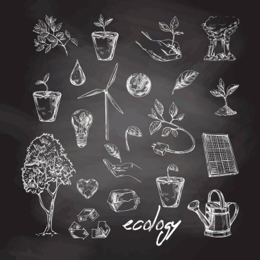 Set of ecology. Hand drawn design vector illustration on chalkboard background. Ecology problem, recycling and green energy icons and elements in doodle style. Retro style.	