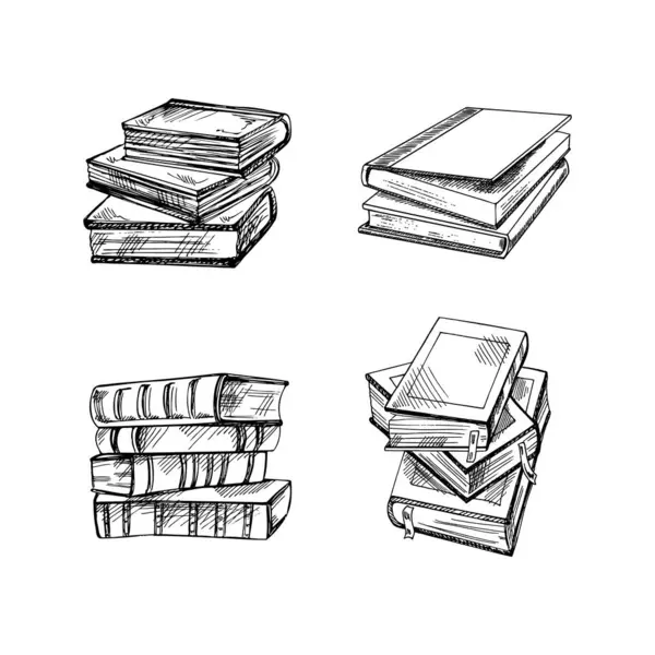 Vector Handgezeichnete Schul Und Bürowerkzeuge Illustrationsset Detaillierte Bücher Retro Stil — Stockvektor
