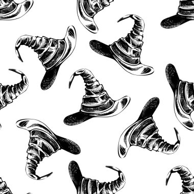 Cadılar Bayramı için klasik illüstrasyon. Elle çizilmiş cadının şapkasının kusursuz deseni izole edilmiş. Çizim tarzında siyah-beyaz çizim. Kelime.