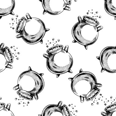 Elle çizilmiş kazanın kusursuz deseni. El çizimi vektör çizimi, karalama grafik çizimi. Cadılar Bayramı partisi, tatil, giysi, baskı, simge, logo, kağıt, dekor.