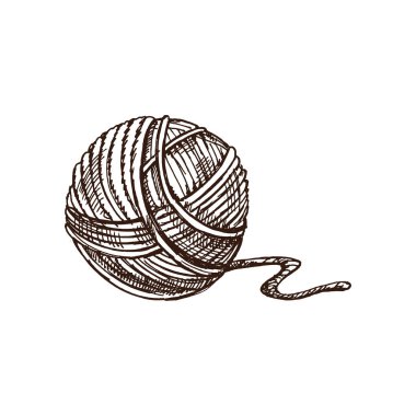 İplik topunun el çizimi çizimi. El yapımı, örgü ekipmanı konsepti klasik karalama tarzında. İşleme biçimi.