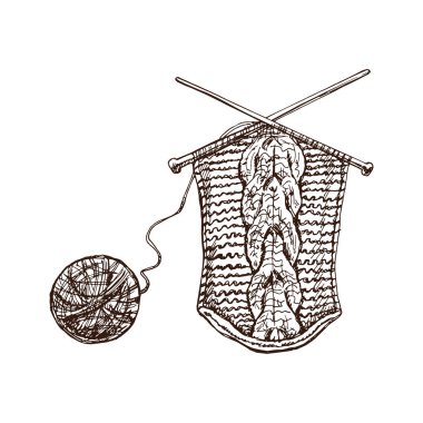 Örgü sürecinde elle çizilmiş bir süveter çizimi. Örgü, el yapımı, klasik karalama tarzı. İşleme biçimi.