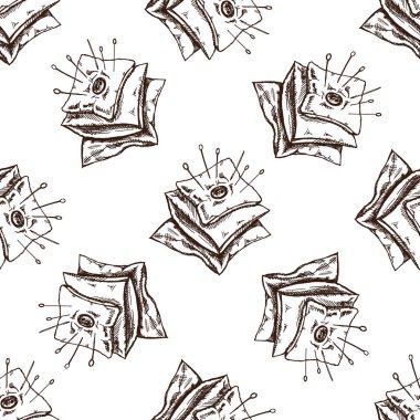 İğneler ve iğnelerle çizilmiş kusursuz bir el izi. El yapımı, dikiş malzemeleri konsepti klasik karalama tarzında. İşleme biçimi.