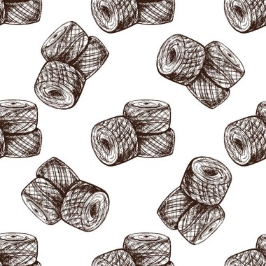 Elle çizilmiş ipliklerin kusursuz deseni, yün yumağı. El yapımı, örgü ekipmanı konsepti klasik karalama tarzında. İşleme biçimi.